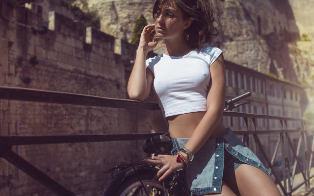 Woman bike posing fence fashion free wallpaper - medium preview image