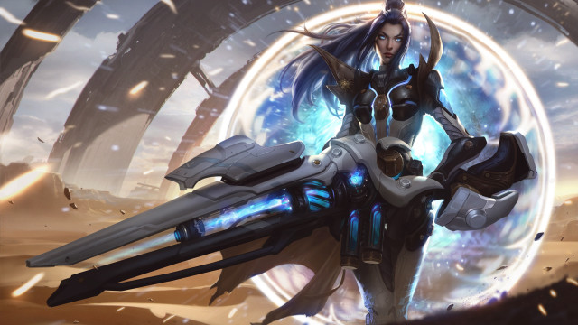 Futuristic woman sword circular lights free wallpaper - medium preview image