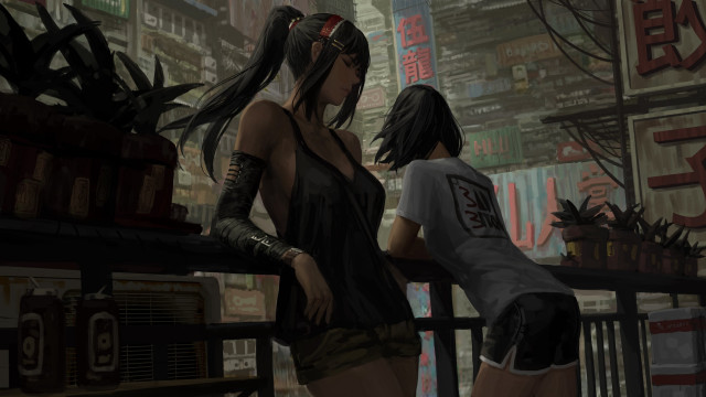 Cyberpunk women building clock architecture free wallpaper - medium preview image