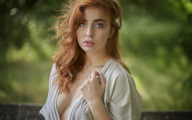 Redhead woman portrait park trees free wallpaper - medium preview image