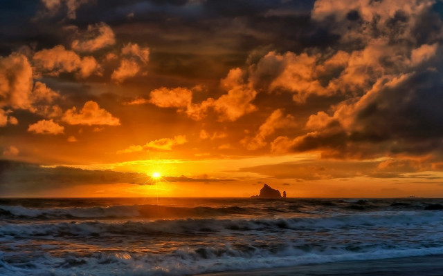 Sunset ocean boat clouds rock free wallpaper - medium preview image