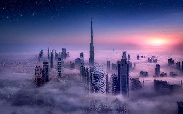 City clouds sunset mattepainting aurora free wallpaper - medium preview image