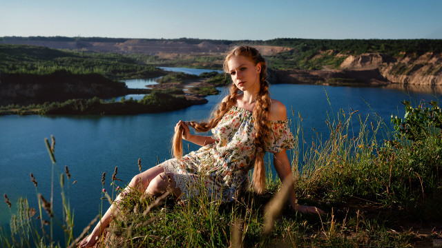 Woman hill lake mountains braid free wallpaper - medium preview image