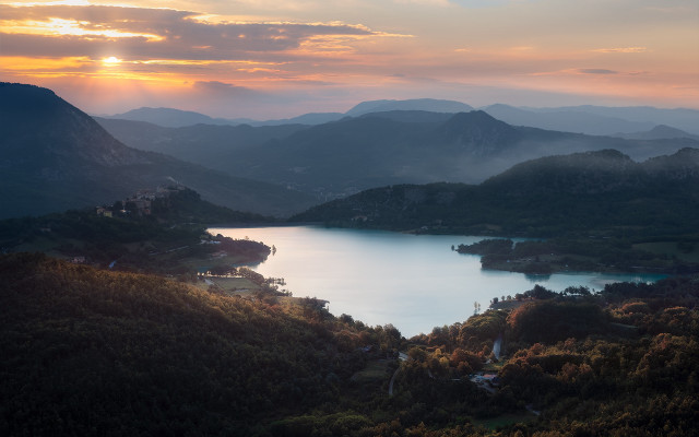 Sunset lake mountains trees town free wallpaper - medium preview image