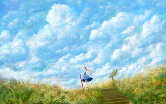 Woman stairs field blue sky free wallpaper - medium preview image