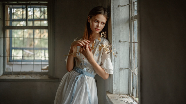 Woman white dress flower window free wallpaper - medium preview image