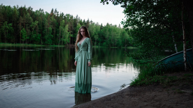 Woman lake boat trees forest free wallpaper - medium preview image