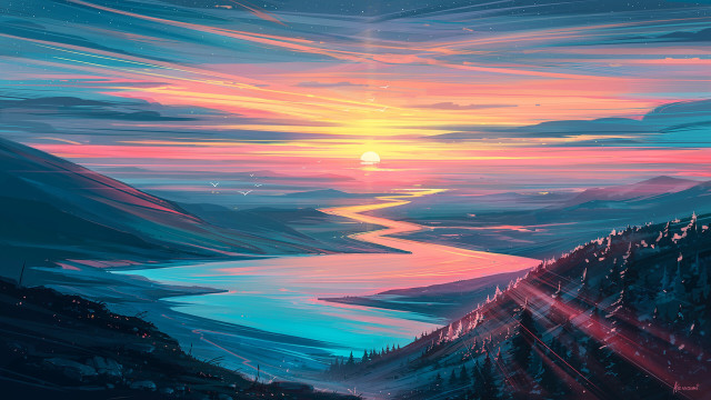 Sunset mountain lake trees bright free wallpaper - medium preview image