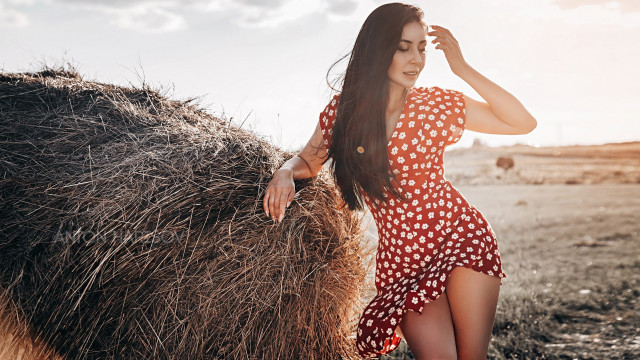 Woman red white dress hay free wallpaper - medium preview image