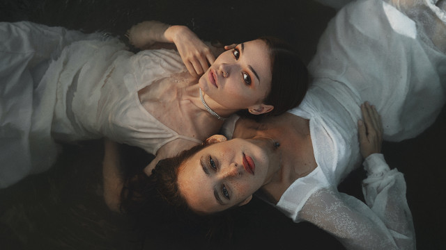 Two women white dresses gloves free wallpaper - medium preview image