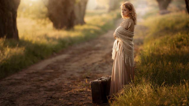 Woman dress suitcase forest autumn free wallpaper - medium preview image