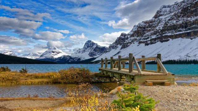 Wooden bridge mountains snowy landscape free wallpaper - medium preview image