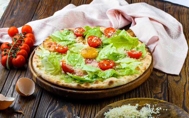 Pizza lettuce tomatoes cheese wooden free wallpaper - medium preview image