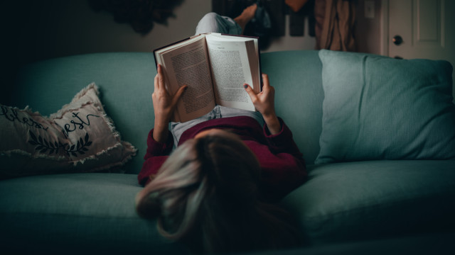 Woman reading on couch serious free wallpaper - medium preview image