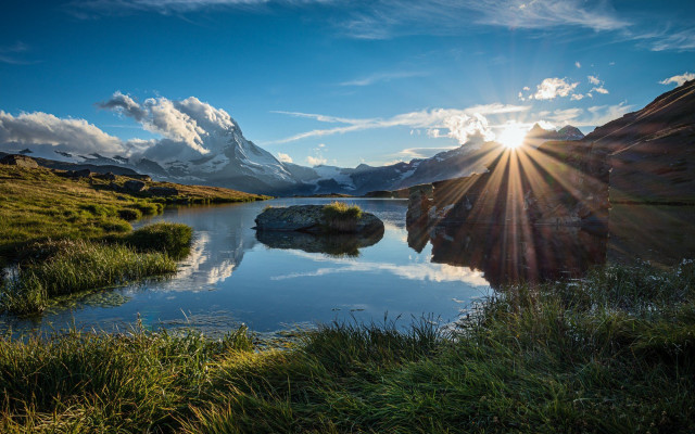 Lake mountains sunlight reflection nature free wallpaper - medium preview image