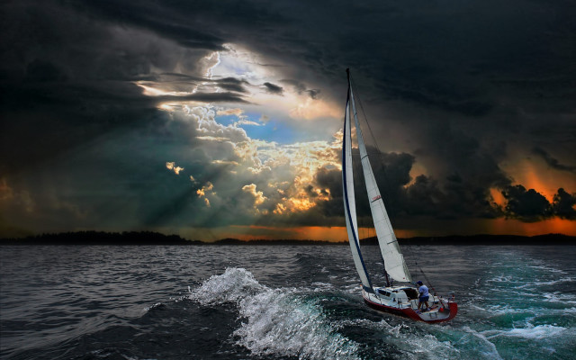 Sailboat ocean cloudy sky sunbeams #2 free wallpaper - medium preview image