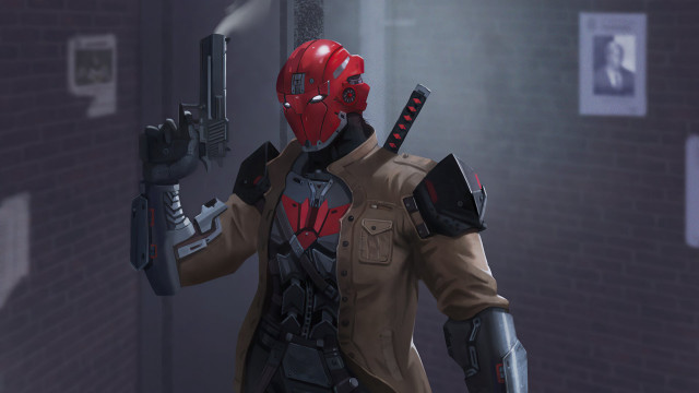 Man red mask gun hallway free wallpaper - medium preview image