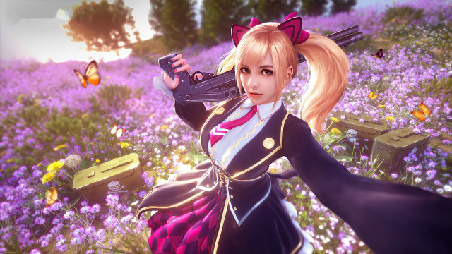 Woman flower field gun butterfly free wallpaper - medium preview image