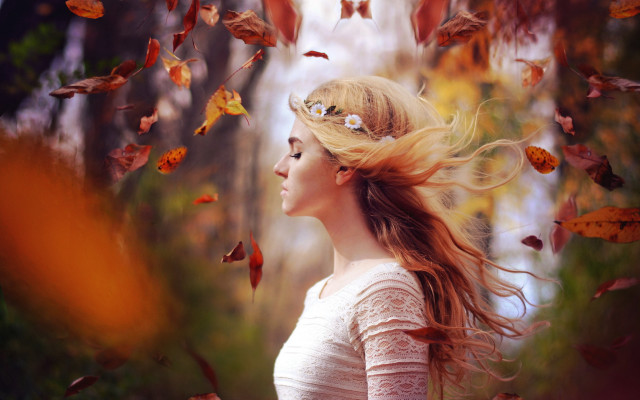 Woman autumn leaves fire blonde free wallpaper - medium preview image