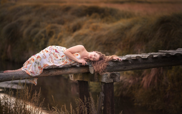 Woman lying bridge flowers dress free wallpaper - medium preview image
