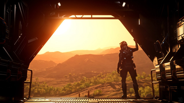 Man doorway spaceship sunset mountains free wallpaper - medium preview image