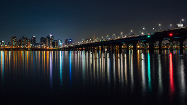 Bridge cityscape nightlights reflections holography free wallpaper - medium preview image