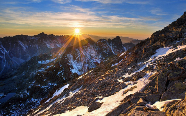 Mountain sunset snow bridge cityscape free wallpaper - medium preview image