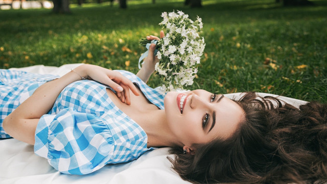 Woman flower smile outdoors plaid free wallpaper - medium preview image