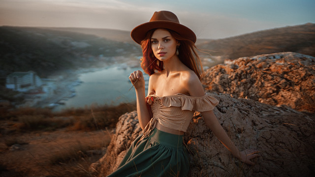 Woman hat lake sunset beach free wallpaper - medium preview image