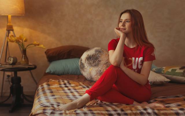 Woman in red pajamas sitting free wallpaper - medium preview image