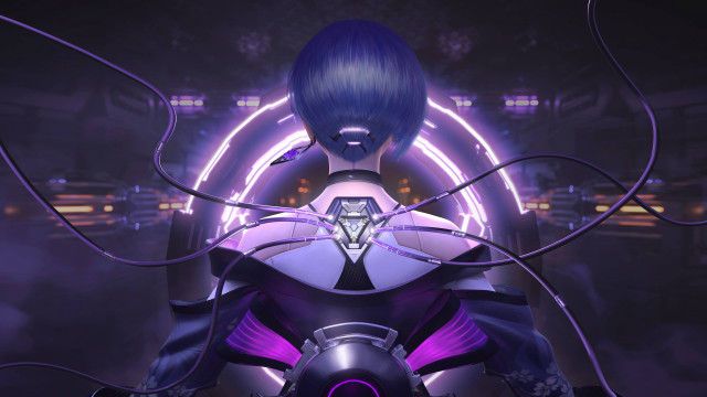 Futuristic woman purple hair cyberpunk free wallpaper - medium preview image