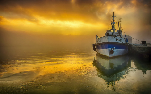 Sunset boat matte painting misty free wallpaper - medium preview image