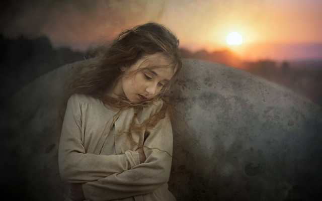 Prayerful girl sunset ocean moon free wallpaper - medium preview image