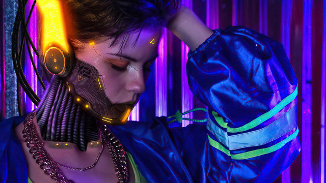 Woman headphones neon background cyberpunk #2 free wallpaper - medium preview image