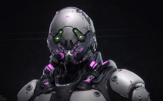 Robot green eyes cyberpunk armor free wallpaper - medium preview image