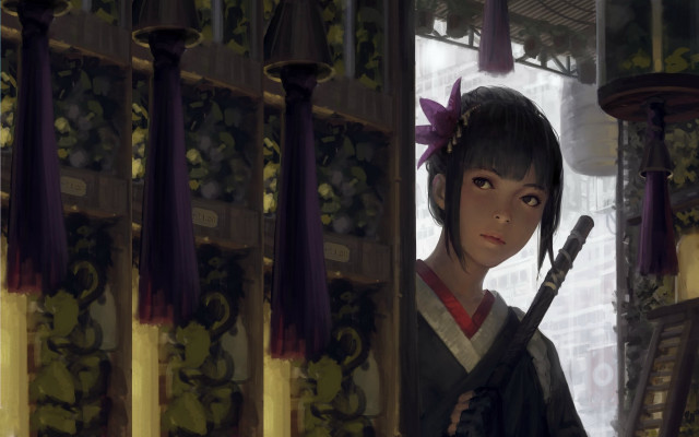 Woman sword flower kimono architecture free wallpaper - medium preview image
