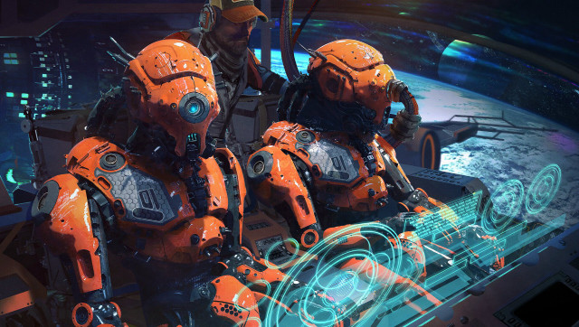 Orange robots neon face space free wallpaper - medium preview image