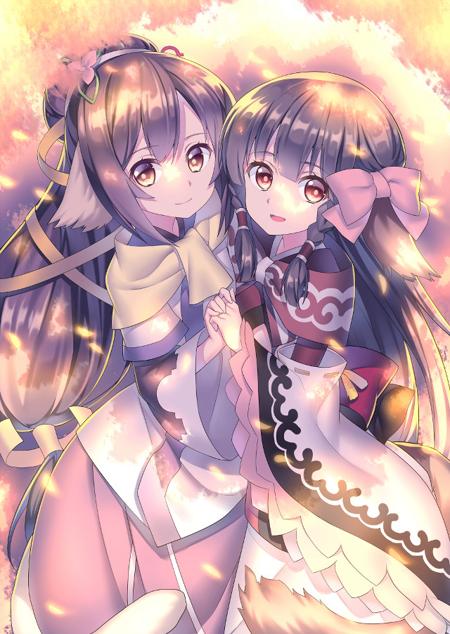 Anime girls hugging sky background free wallpaper - medium preview image