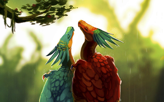 Birds under tree rain fantasy free wallpaper - medium preview image