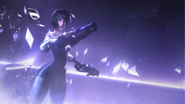Futuristic woman cyborg gun bodysuit free wallpaper - medium preview image