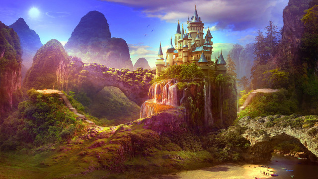 Fantasy castle mountains river bridge free wallpaper - medium preview image