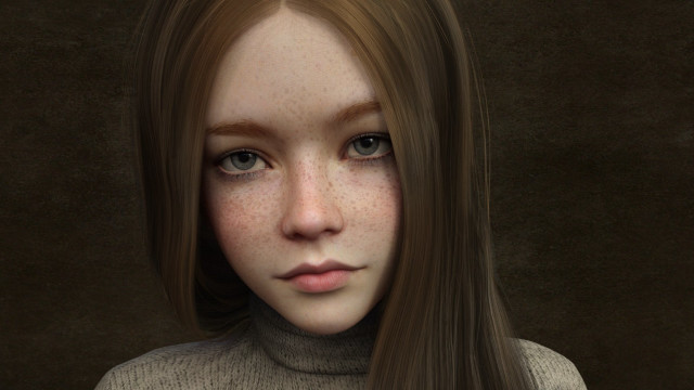 Freckled woman turtleneck photorealistic portrait free wallpaper - medium preview image