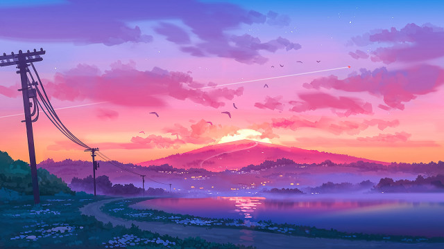 Sunset lake power lines mountain free wallpaper - medium preview image