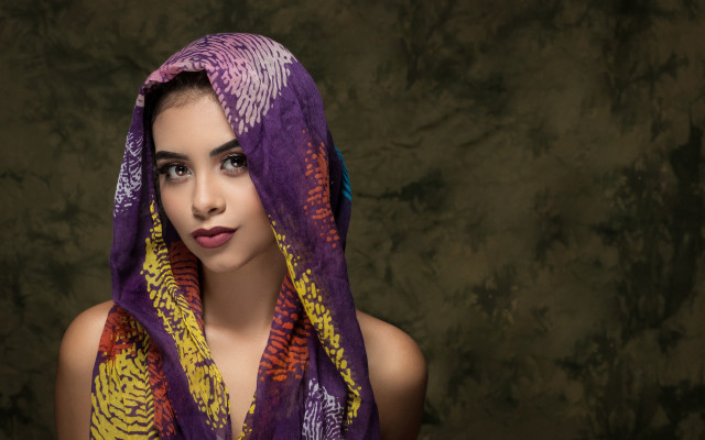 Woman scarf green background portrait free wallpaper - medium preview image