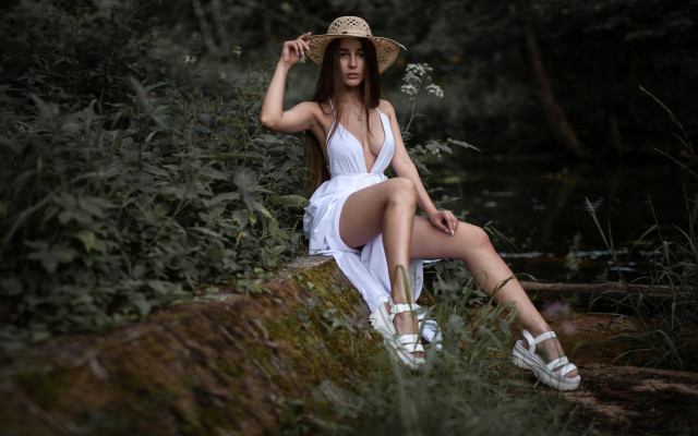 Woman white dress hat forest free wallpaper - medium preview image