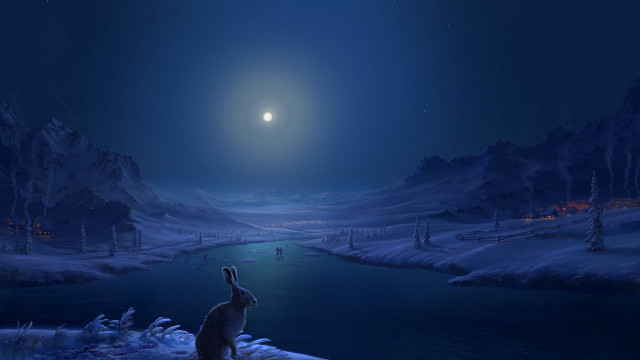 Cat snow moon stars river free wallpaper - medium preview image