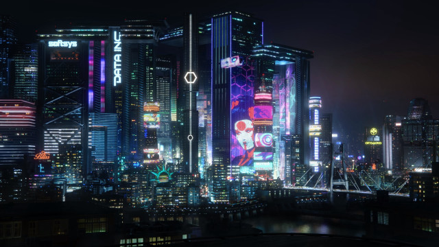 City lights bridge river cyberpunk free wallpaper - medium preview image