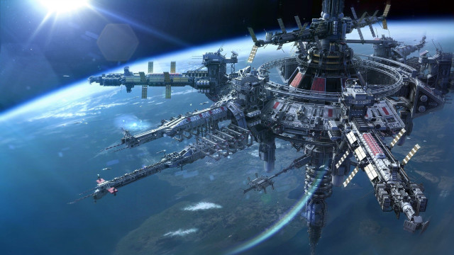 Futuristic space station earth bright free wallpaper - medium preview image
