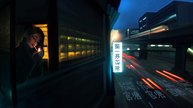 Woman smoking tunnel neon city free wallpaper - medium preview image