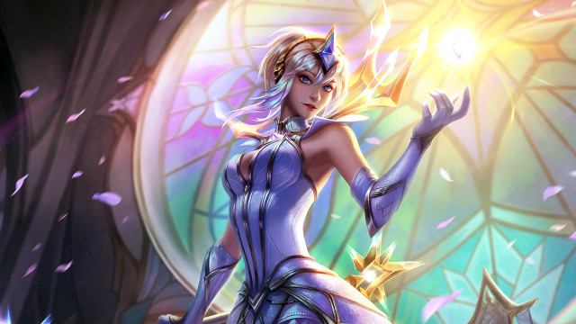 Woman blue dress sword stainedglass free wallpaper - medium preview image